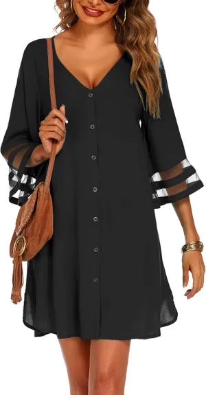 AOLRO Women's Swimwear Cover Ups for Beach,V-Neck Button Down Kimono Cardigans Swimsuit Coverup for Women S-XXXL