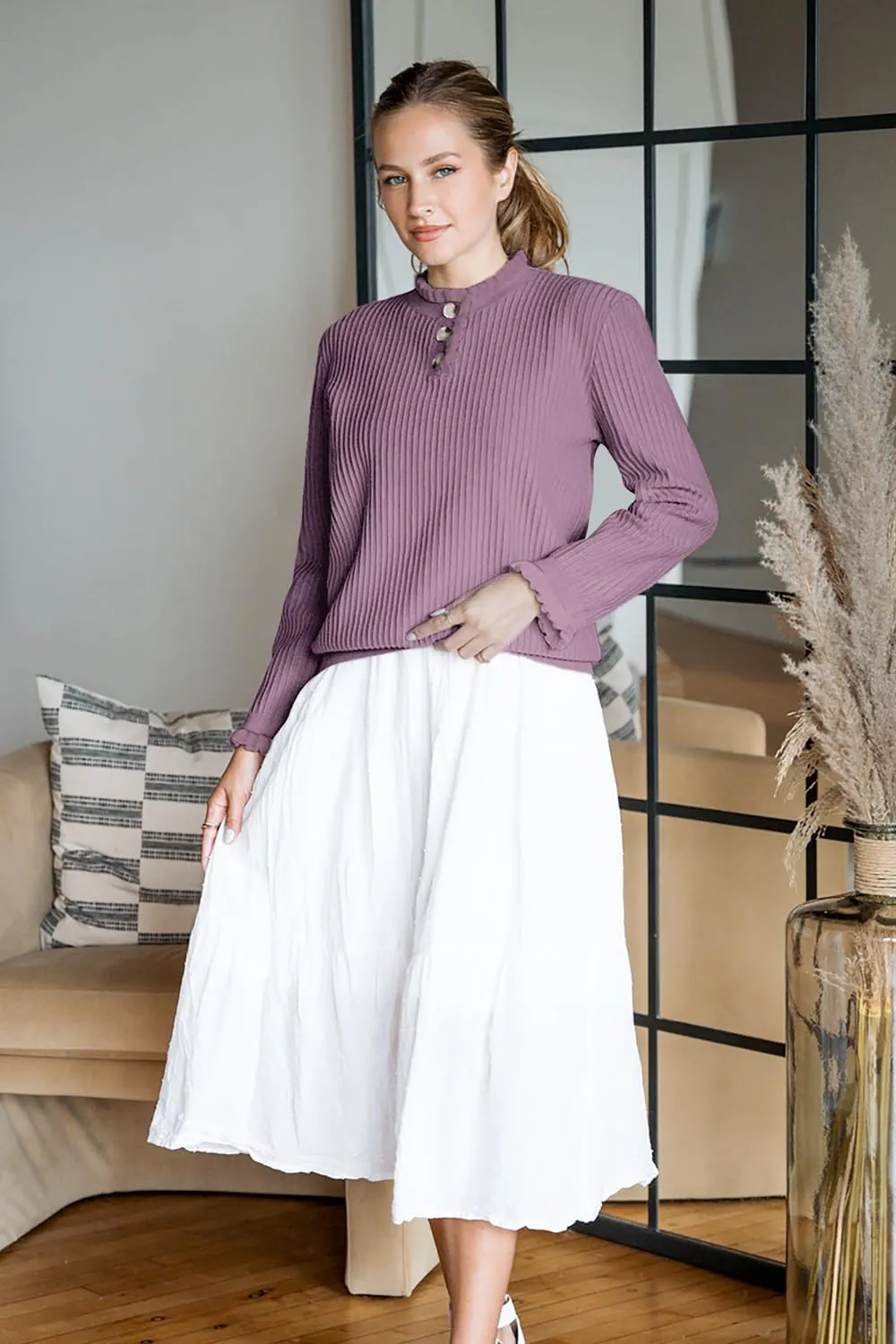 Arach&Cloz Womens Swaters 2024 Fall Fashion Outfits Long Sleeve Crewneck Knit Tops Ruffle Casual T-Shirts Cute Tees Blouses