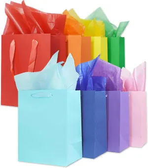 Argivean 8 Pcs Medium Gift Bags With Handles: 8 Colors 8x5x10 Inch Rainbow Gift Bag Matte Party Favor Bags With 16 Tissues For Wedding, Birthday, Party Supplies and Gifts