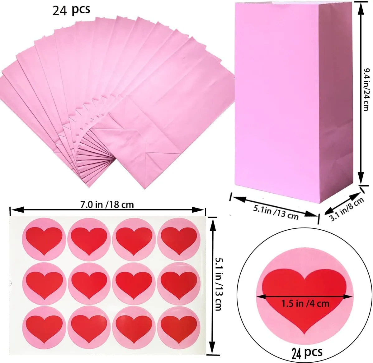 Artseen Self stand Party Favor Paper Bags for Party Celebration Treated Paper Bags 5.10X3.10X9.4 inches(24 CT) (Pink)