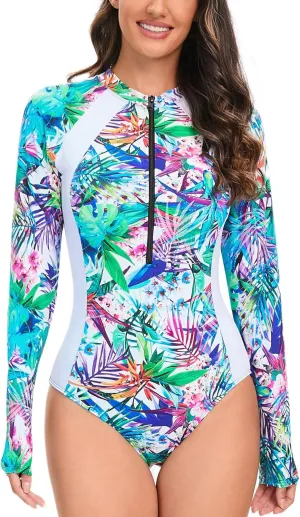 AUBIG Women Rash Guard Athletic Swimsuit One Piece Zip Up Surf Swimwear Long Sleeve Tummy Control Dive Suit