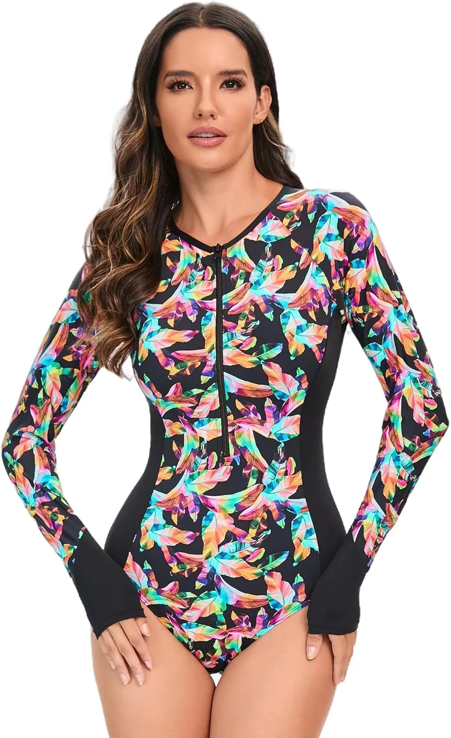AUBIG Women Rash Guard Athletic Swimsuit One Piece Zip Up Surf Swimwear Long Sleeve Tummy Control Dive Suit