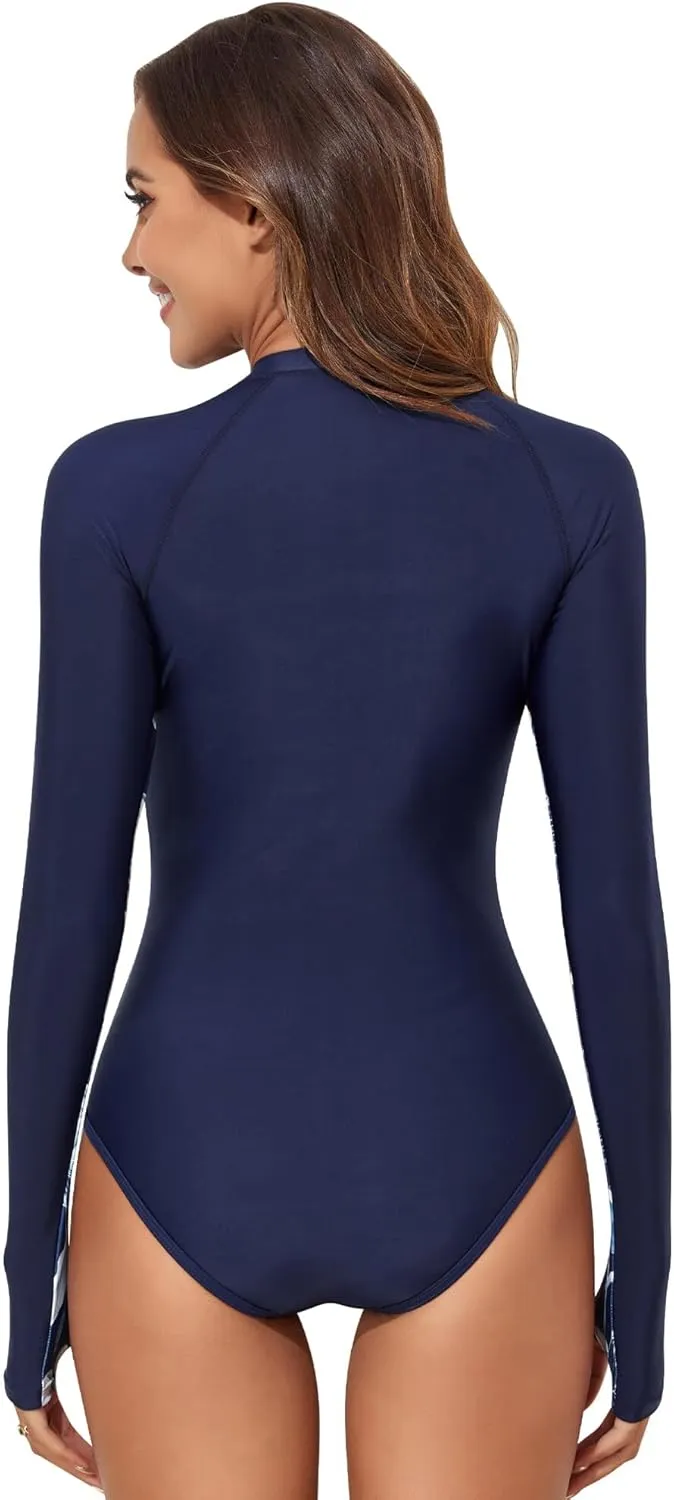 AUBIG Women Rash Guard Athletic Swimsuit One Piece Zip Up Surf Swimwear Long Sleeve Tummy Control Dive Suit