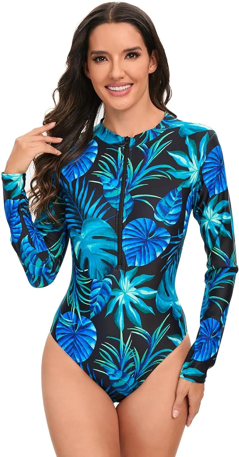 AUBIG Women Rash Guard Athletic Swimsuit One Piece Zip Up Surf Swimwear Long Sleeve Tummy Control Dive Suit