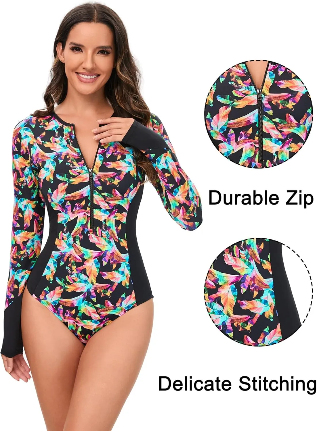 AUBIG Women Rash Guard Athletic Swimsuit One Piece Zip Up Surf Swimwear Long Sleeve Tummy Control Dive Suit
