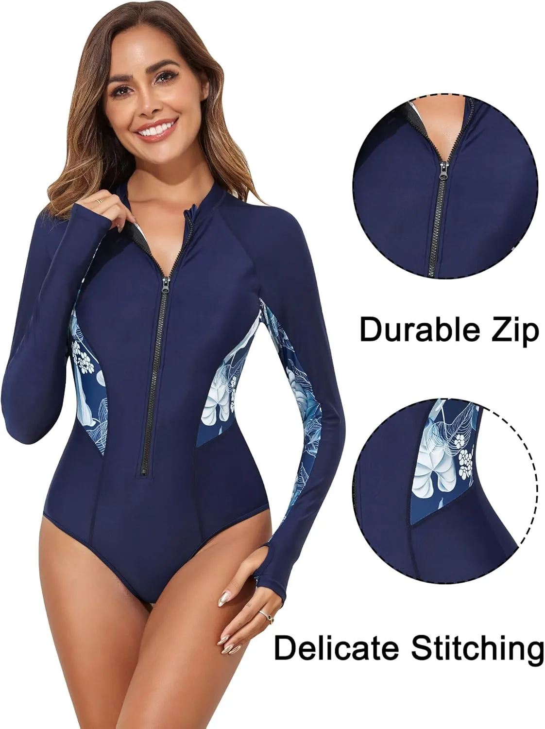 AUBIG Women Rash Guard Athletic Swimsuit One Piece Zip Up Surf Swimwear Long Sleeve Tummy Control Dive Suit