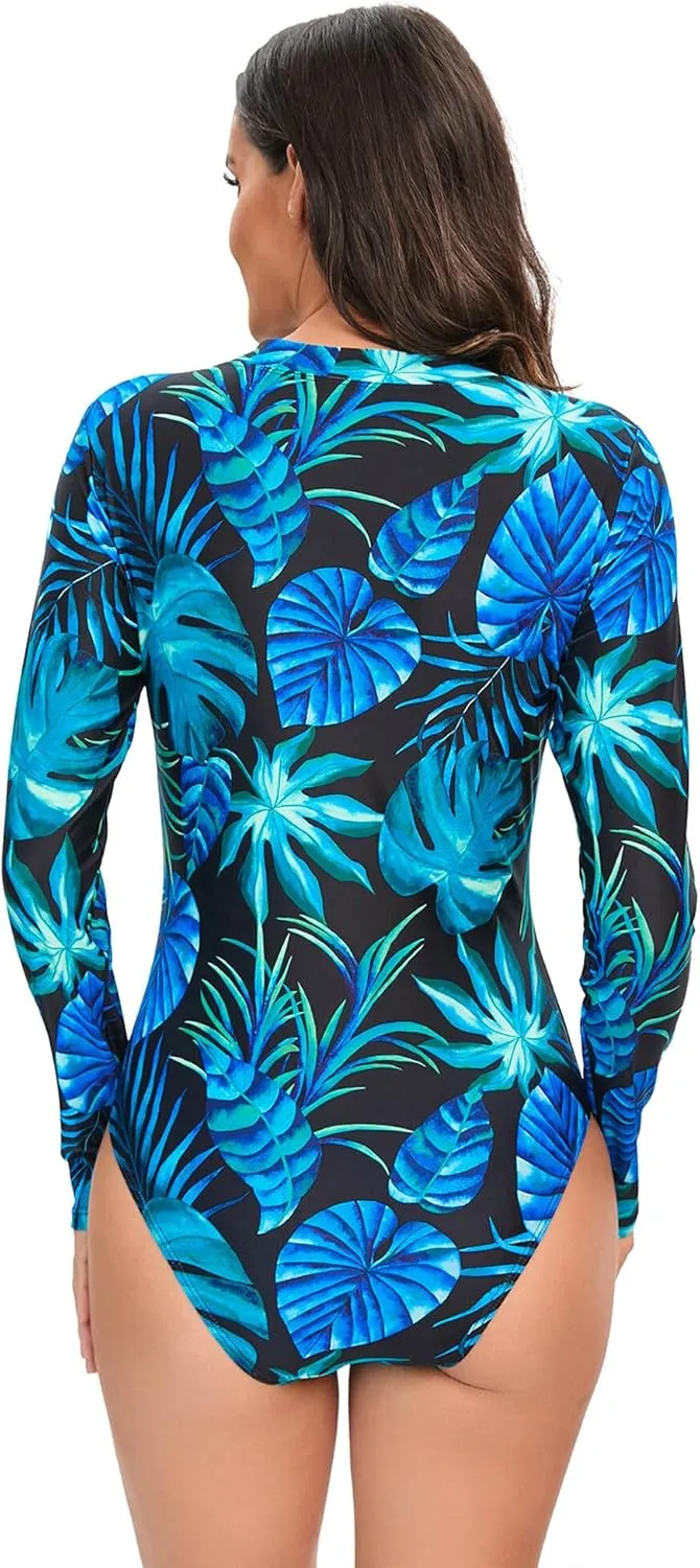 AUBIG Women Rash Guard Athletic Swimsuit One Piece Zip Up Surf Swimwear Long Sleeve Tummy Control Dive Suit