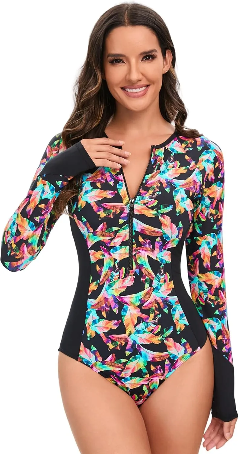 AUBIG Women Rash Guard Athletic Swimsuit One Piece Zip Up Surf Swimwear Long Sleeve Tummy Control Dive Suit