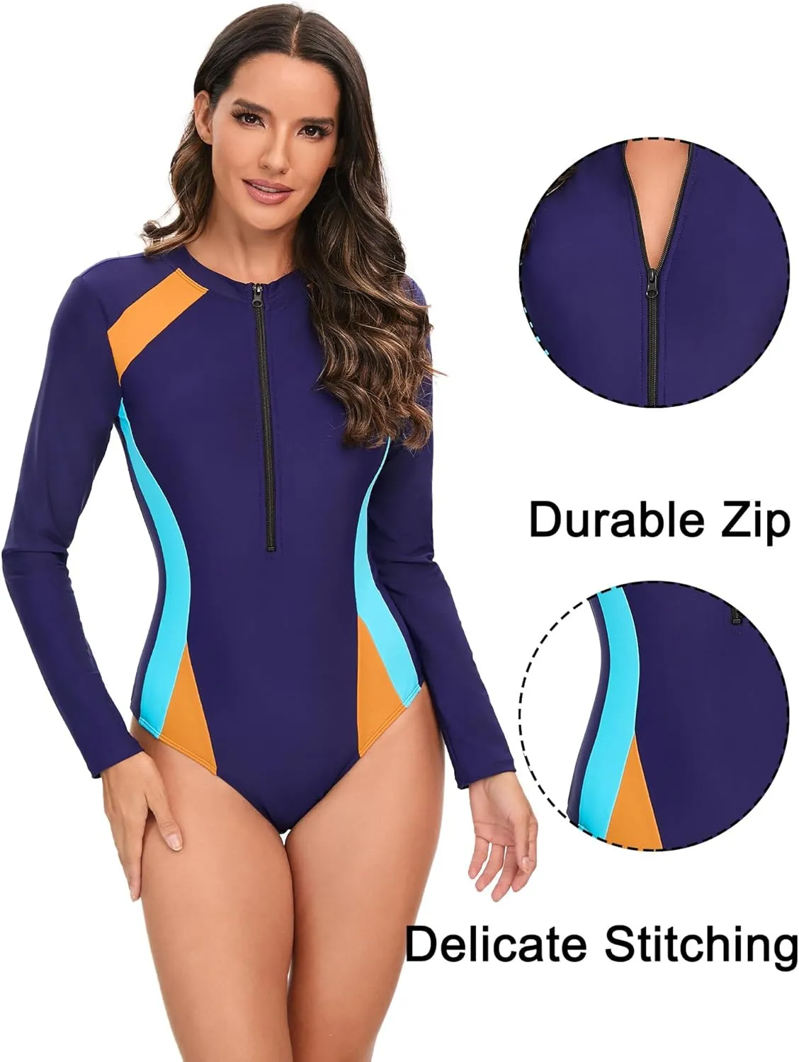 AUBIG Women Rash Guard Athletic Swimsuit One Piece Zip Up Surf Swimwear Long Sleeve Tummy Control Dive Suit