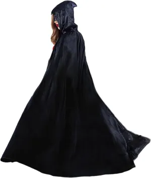 AUOCATTAIL Black Hooded Cloak Long Velvet Cape Halloween Cosplay Vampire Witch Dress up Costume Accessories
