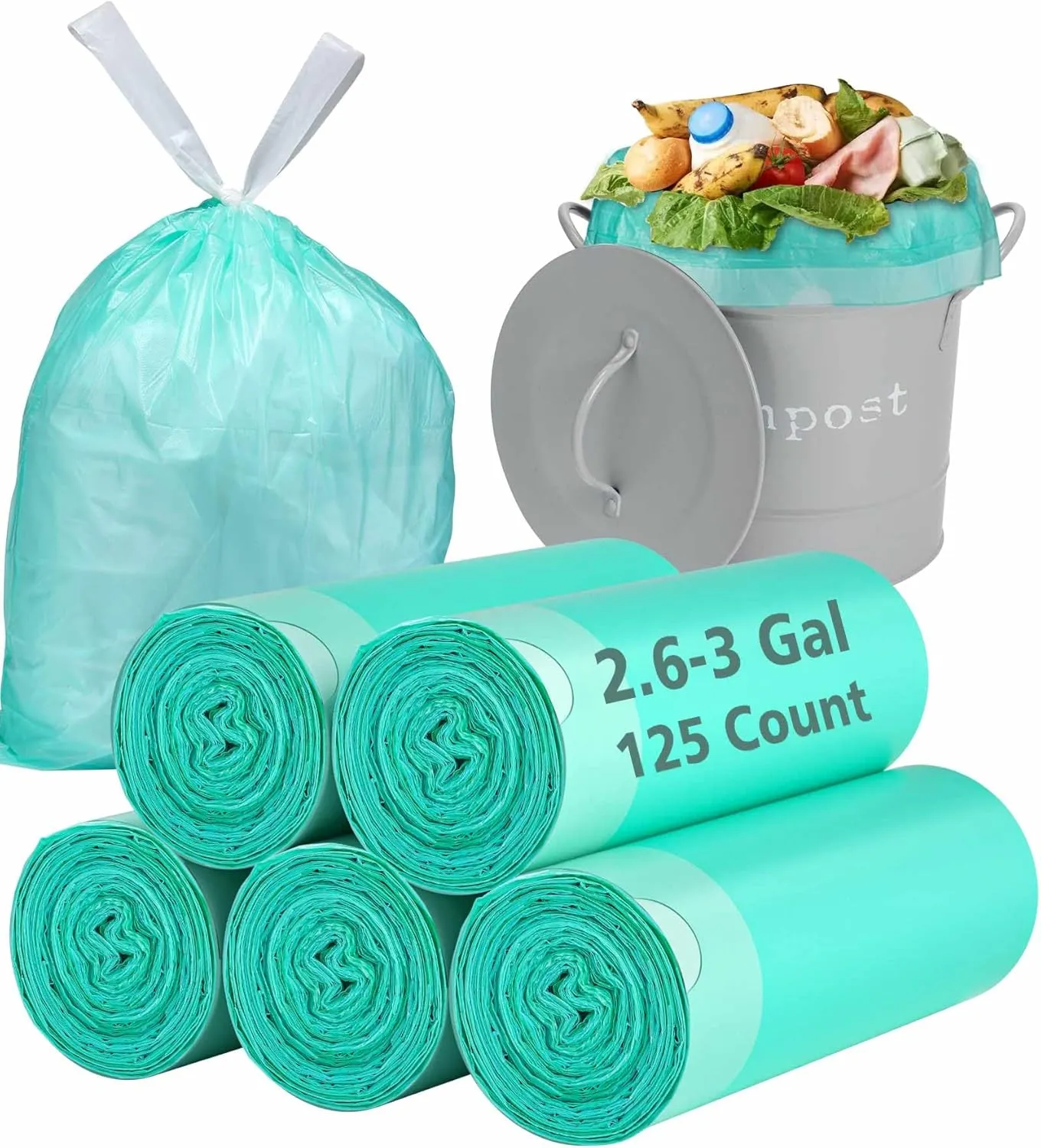 AYOTEE 3 Gallon Trash Bags with Drawstring, Biodegradable 2.6 Gallon Compostable Garbage Bags (125 Counts), Compostable Small Trash Bag,Small Garbage Bag for BathroomBedroom, Kitchen