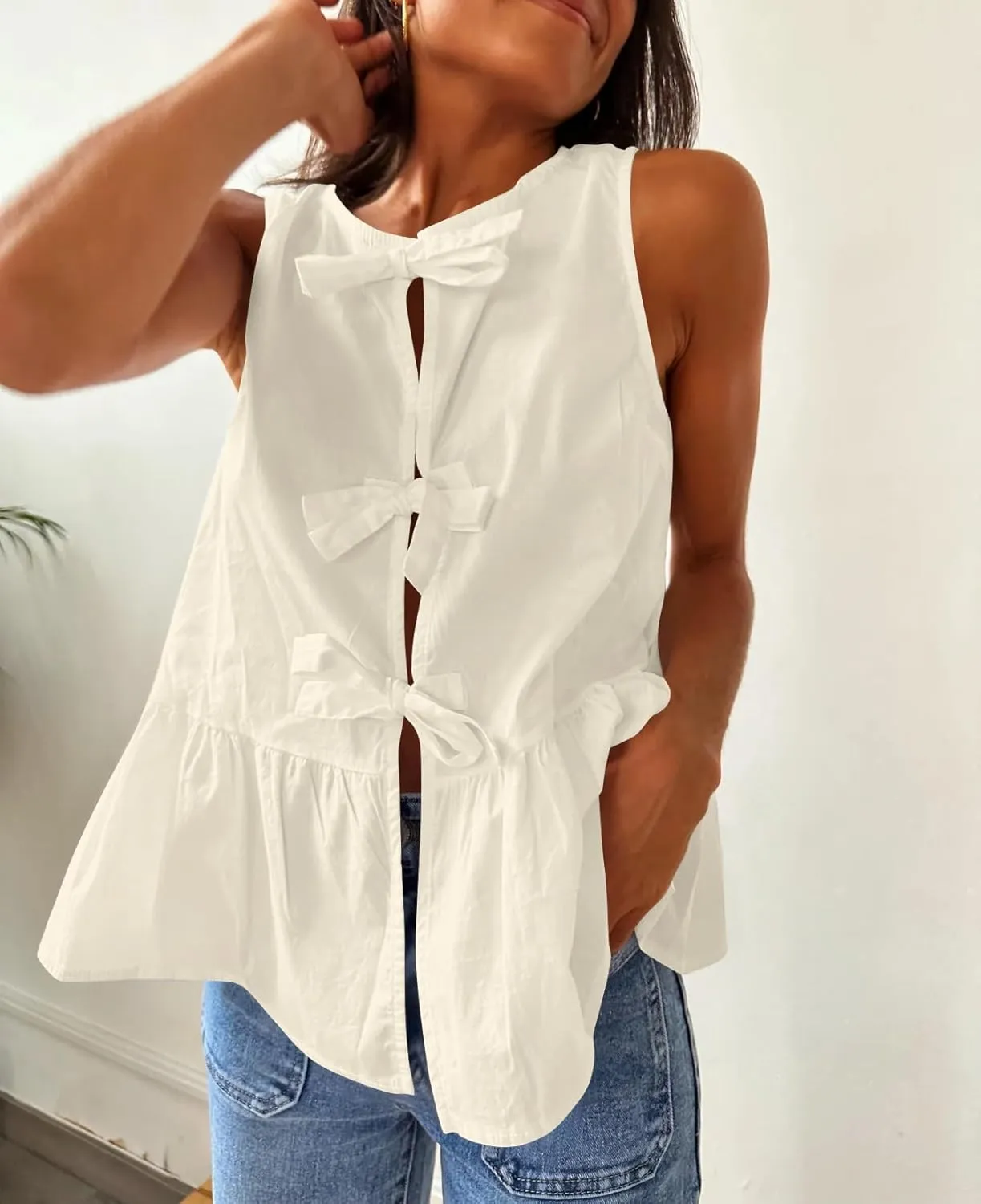 BAIGRAM Women Trendy Bow Tie Front Babydoll Tank Tops Sleeveless Peplum Ruffle Blouse Tie Up Summer Casual Dressy Tunic