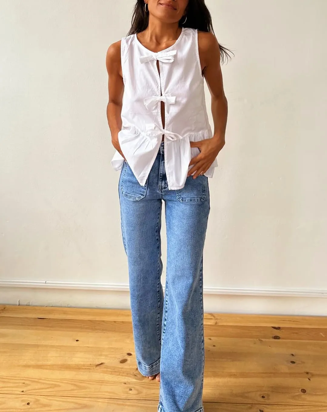 BAIGRAM Women Trendy Bow Tie Front Babydoll Tank Tops Sleeveless Peplum Ruffle Blouse Tie Up Summer Casual Dressy Tunic