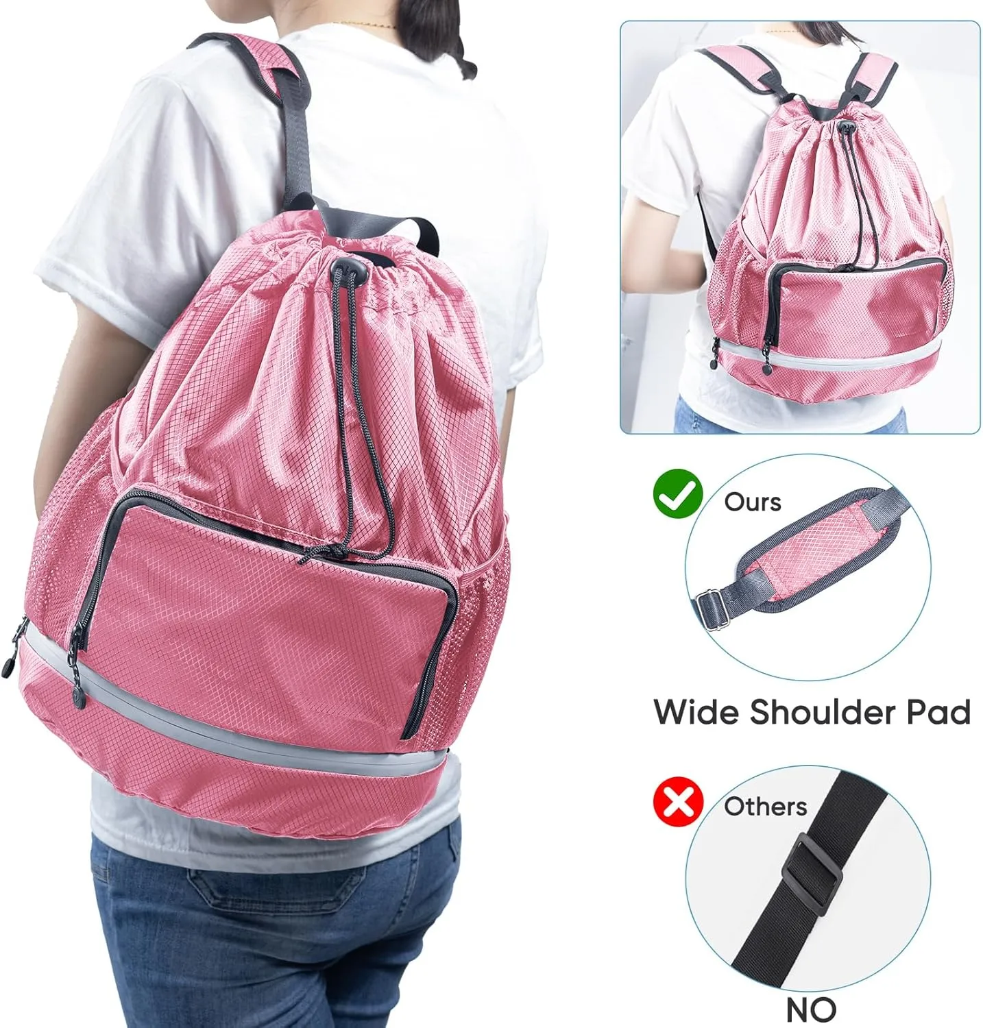 Beach Swim Bag Sports Drawstring Backpack - Gym Bag with Shoes Compartment and Waterproof Pocket for Accessories, Swim Essentials - Workout Bag
