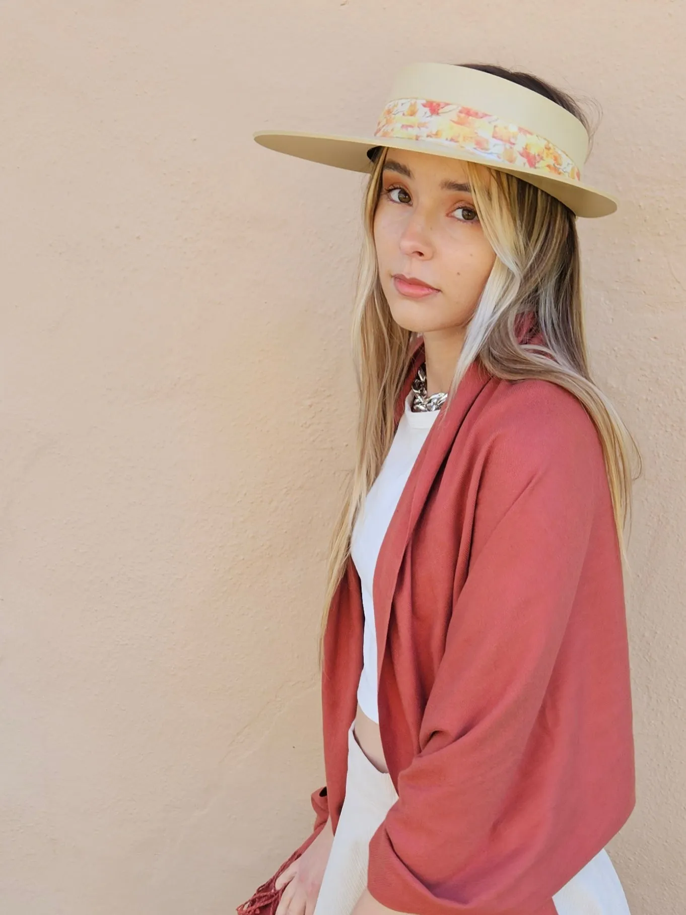 Beige "LadyEVA" Visor Hat with Orange Leaf Band