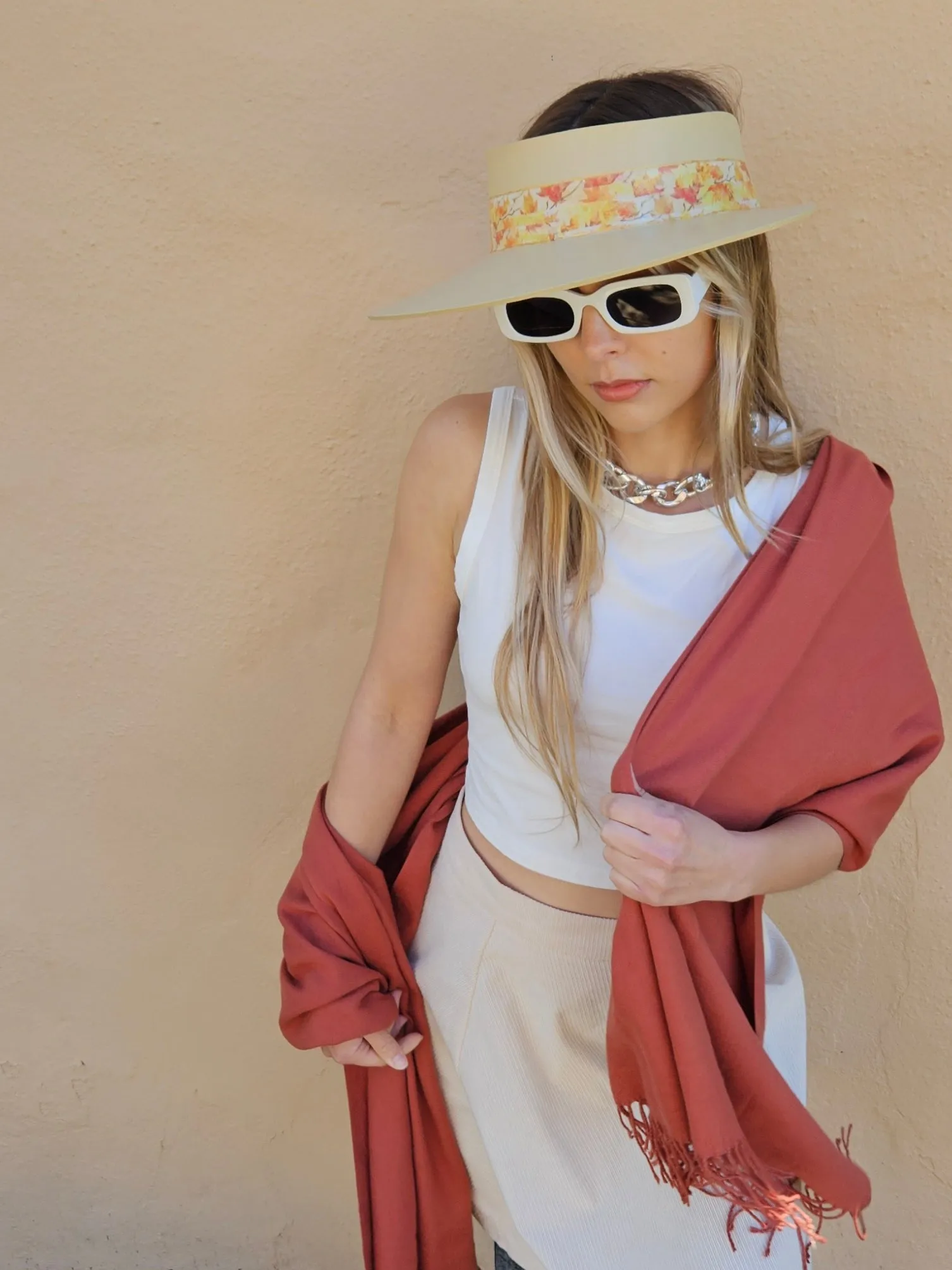 Beige "LadyEVA" Visor Hat with Orange Leaf Band