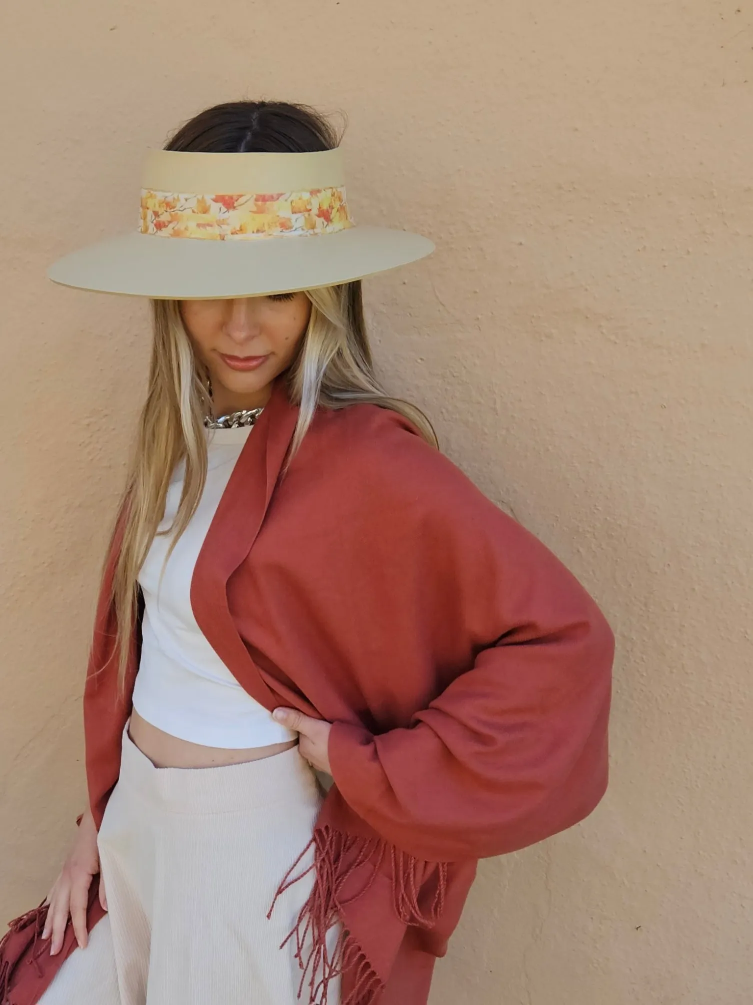 Beige "LadyEVA" Visor Hat with Orange Leaf Band