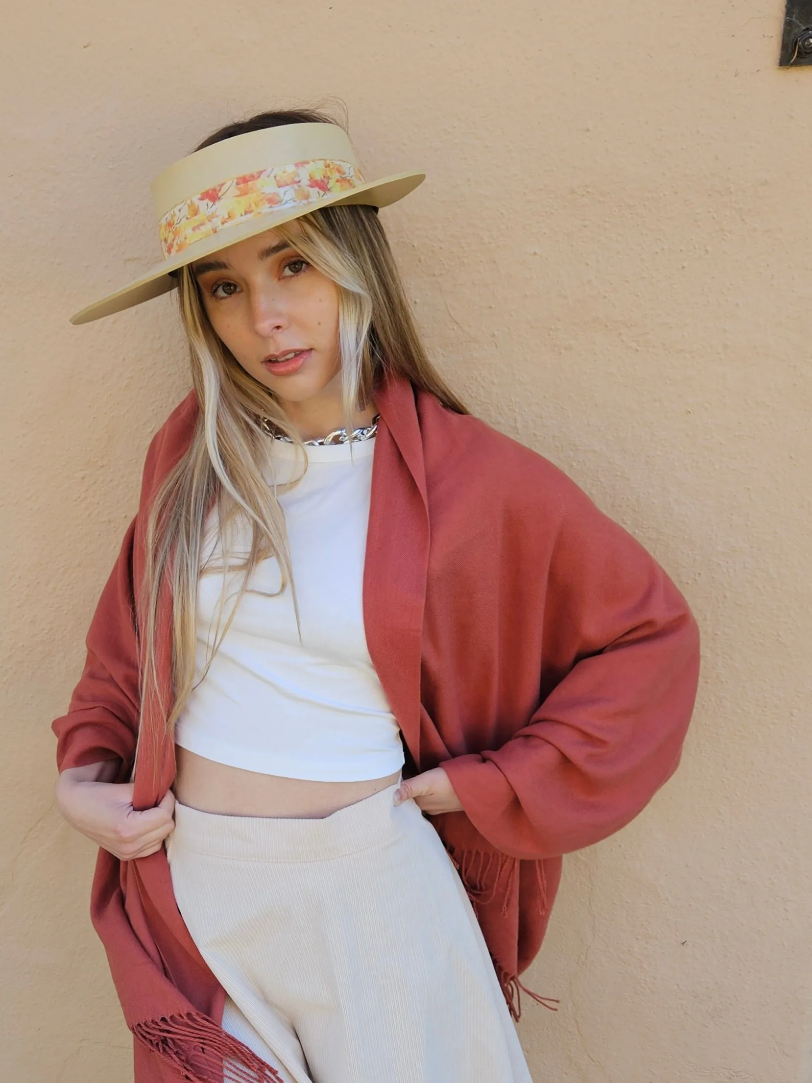 Beige "LadyEVA" Visor Hat with Orange Leaf Band