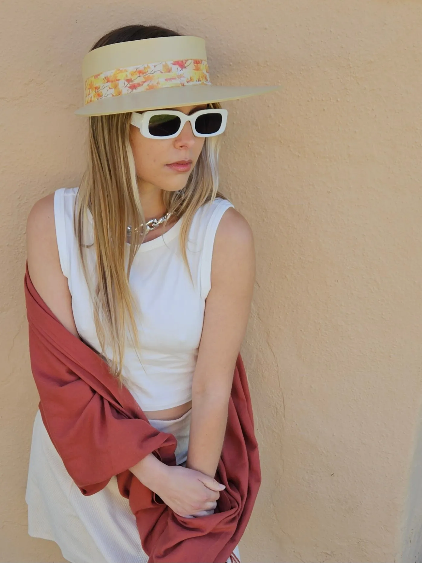 Beige "LadyEVA" Visor Hat with Orange Leaf Band