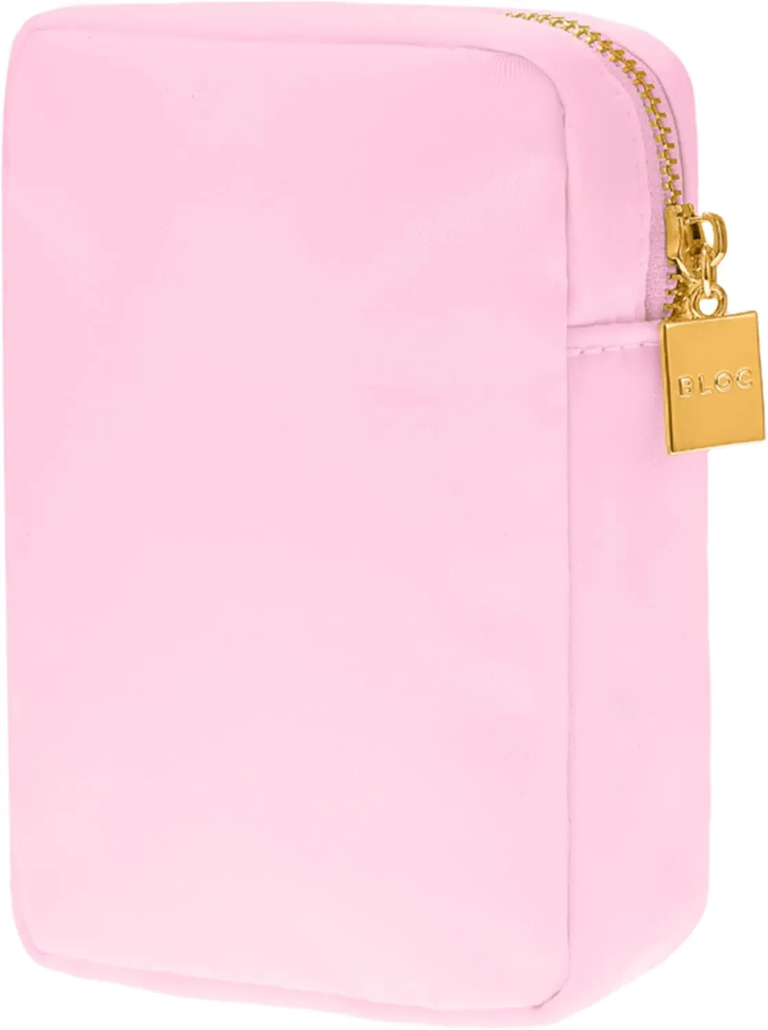 BLOC Bags Travel Makeup Bag, Cosmetic Bags for Women, Mini Makeup Bag, Cute Toiletry Bag, Beauty Bag with Chenille Patch, with Inside Zipper Pouch and Mesh Pockets (Lipstick, Baby Pink)