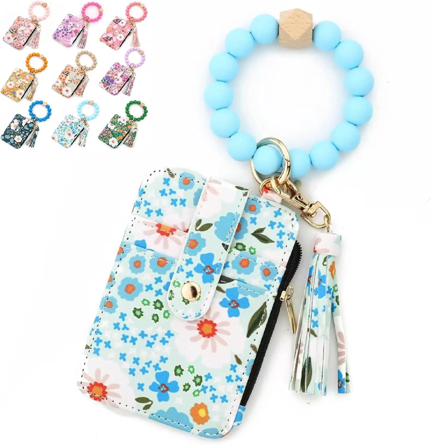 Bohemian Style Beaded Tassel Keychain Wallet With Floral Pattern, Fashion Wristband Accessories For Women