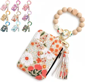 Bohemian Style Beaded Tassel Keychain Wallet With Floral Pattern, Fashion Wristband Accessories For Women