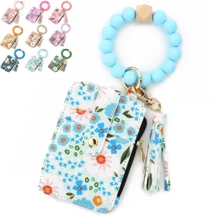 Bohemian Style Beaded Tassel Keychain Wallet With Floral Pattern, Fashion Wristband Accessories For Women
