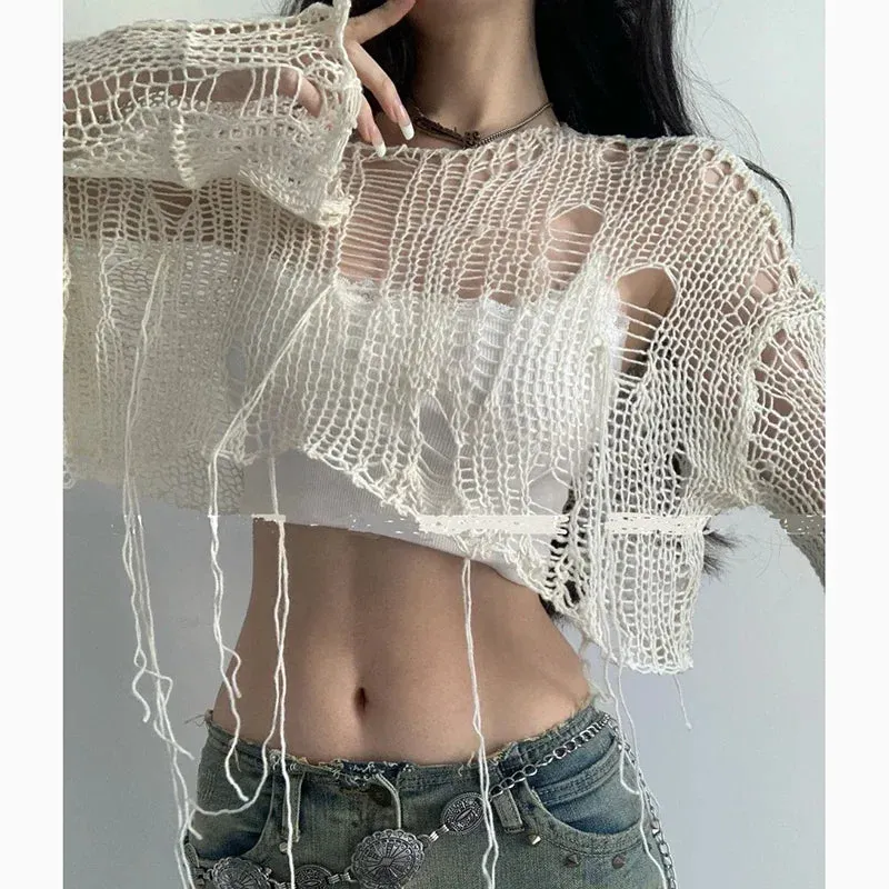 Boho Knitted Hollow Out Crop Tee  Vintage Y2K Loose Fit Ripped Long Sleeve Jumper for Women
