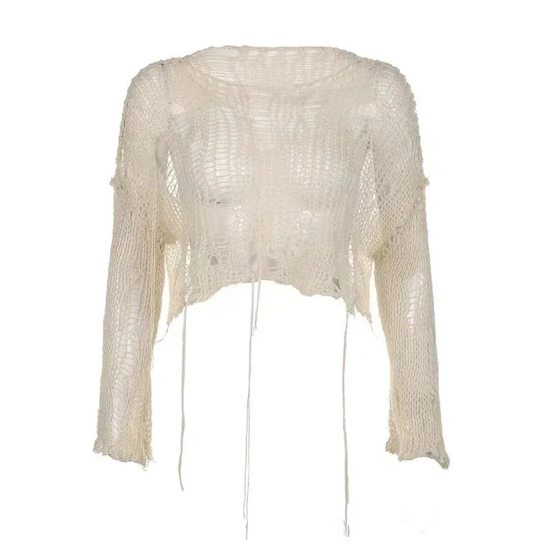 Boho Knitted Hollow Out Crop Tee  Vintage Y2K Loose Fit Ripped Long Sleeve Jumper for Women