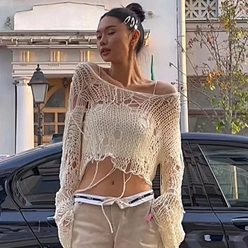Boho Knitted Hollow Out Crop Tee  Vintage Y2K Loose Fit Ripped Long Sleeve Jumper for Women