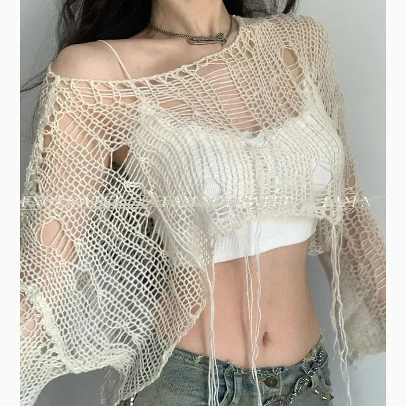 Boho Knitted Hollow Out Crop Tee  Vintage Y2K Loose Fit Ripped Long Sleeve Jumper for Women