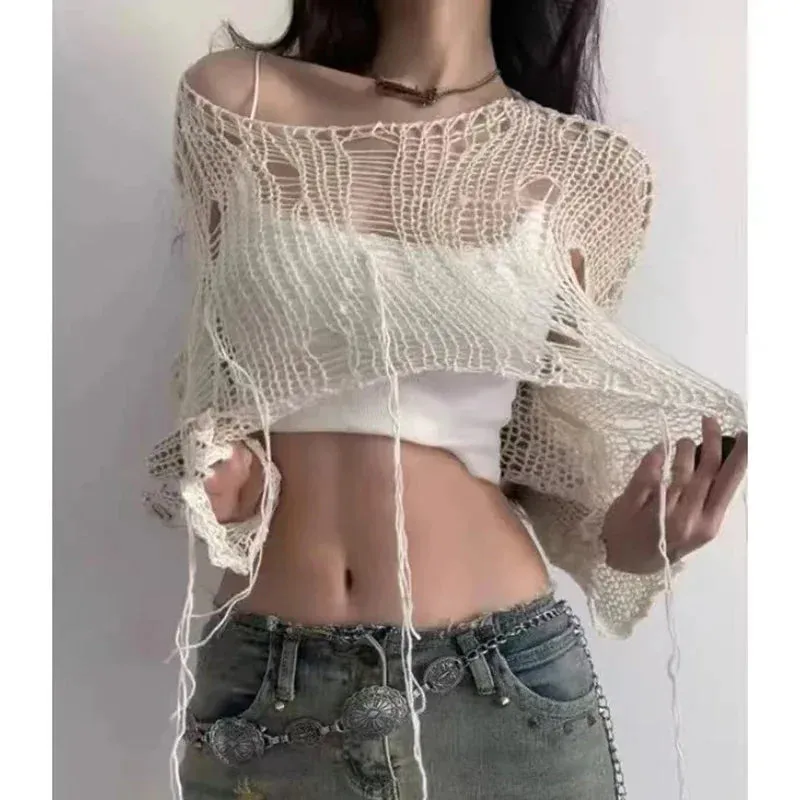 Boho Knitted Hollow Out Crop Tee  Vintage Y2K Loose Fit Ripped Long Sleeve Jumper for Women