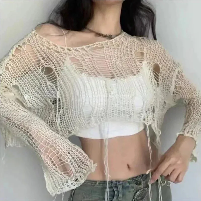Boho Knitted Hollow Out Crop Tee  Vintage Y2K Loose Fit Ripped Long Sleeve Jumper for Women