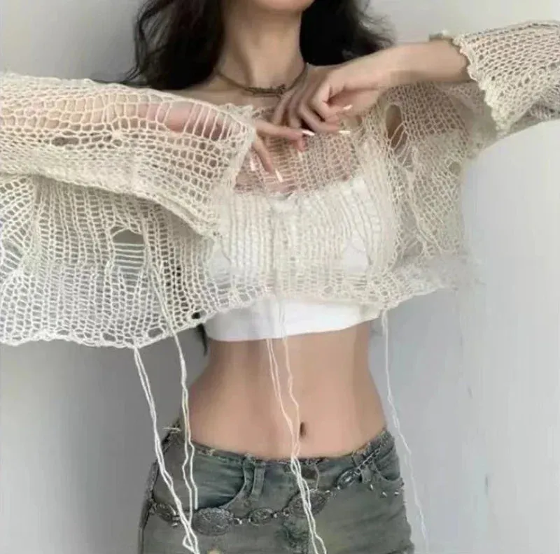 Boho Knitted Hollow Out Crop Tee  Vintage Y2K Loose Fit Ripped Long Sleeve Jumper for Women