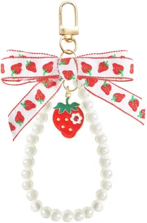 Bow Bag Charm for Handbags Backpack Pearl Bow Keychain Wristlet Coquette Strawberry Pearl Wrist Keychain for Purse Cute Key Chains Women Cute Bag Accessories Charms Kawaii Strawberry Key chain