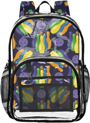 Bowling Ball Bowling Pins Shoes Clear Backpack for Boys Girls PVC Transparent School Bookbag Large Capacity Clear Bag for Student Work Travel