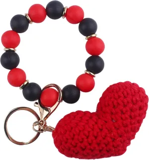 Bracelet with Crochet Plush Love Keychain for Women,Silicone Beaded Wristlet Knitted Yarn Keyrings Accessories