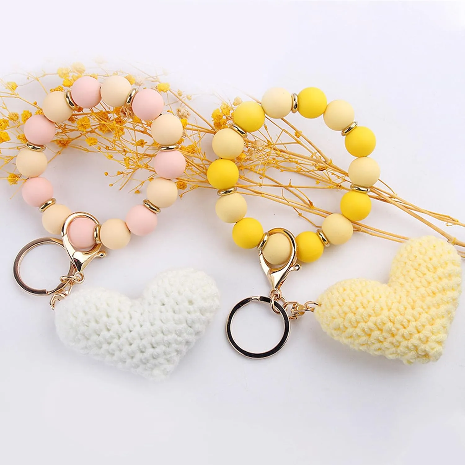 Bracelet with Crochet Plush Love Keychain for Women,Silicone Beaded Wristlet Knitted Yarn Keyrings Accessories