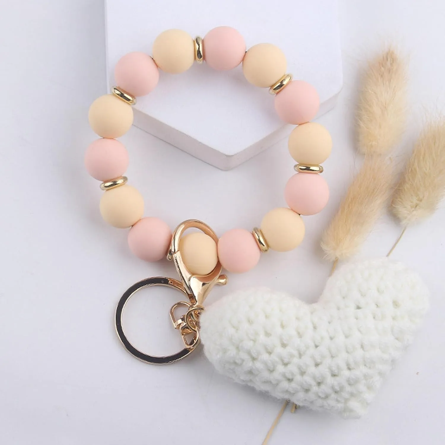 Bracelet with Crochet Plush Love Keychain for Women,Silicone Beaded Wristlet Knitted Yarn Keyrings Accessories