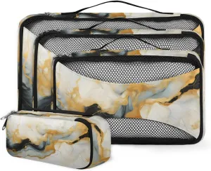 Bright Gold Marble Packing Cubes for Suitcases Luggage Organizer Bags Set Travel Packing Organizers Multiple Sizes for Clothes Shoes Cosmetics Toiletries