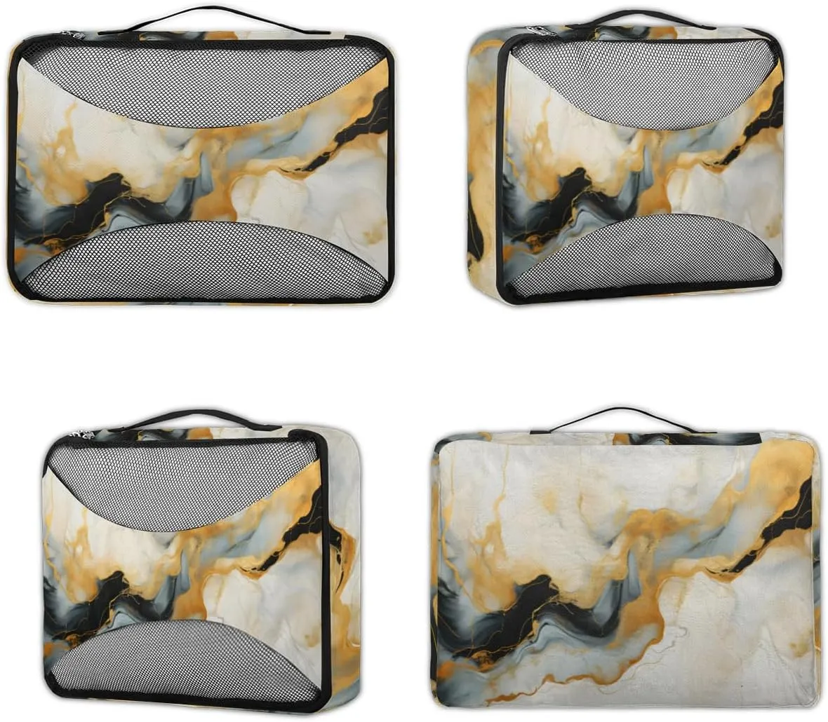 Bright Gold Marble Packing Cubes for Suitcases Luggage Organizer Bags Set Travel Packing Organizers Multiple Sizes for Clothes Shoes Cosmetics Toiletries