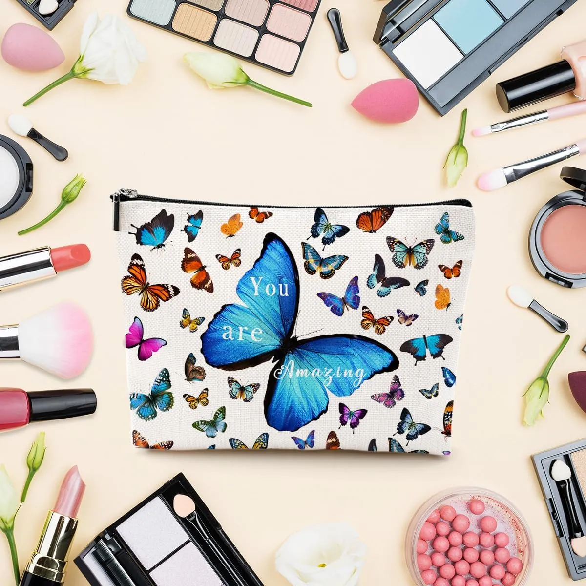 Butterfly Decor Makeup Bag - Inspirational Gift for Women - Cute Cosmetic Bag Travel Accessories Zipper Organizer