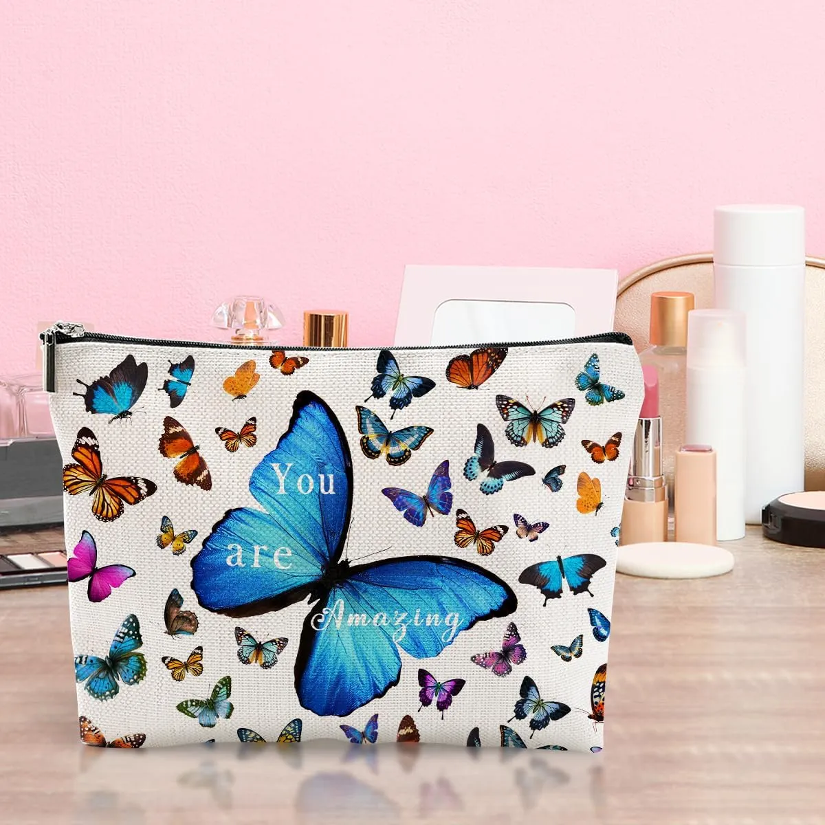 Butterfly Decor Makeup Bag - Inspirational Gift for Women - Cute Cosmetic Bag Travel Accessories Zipper Organizer