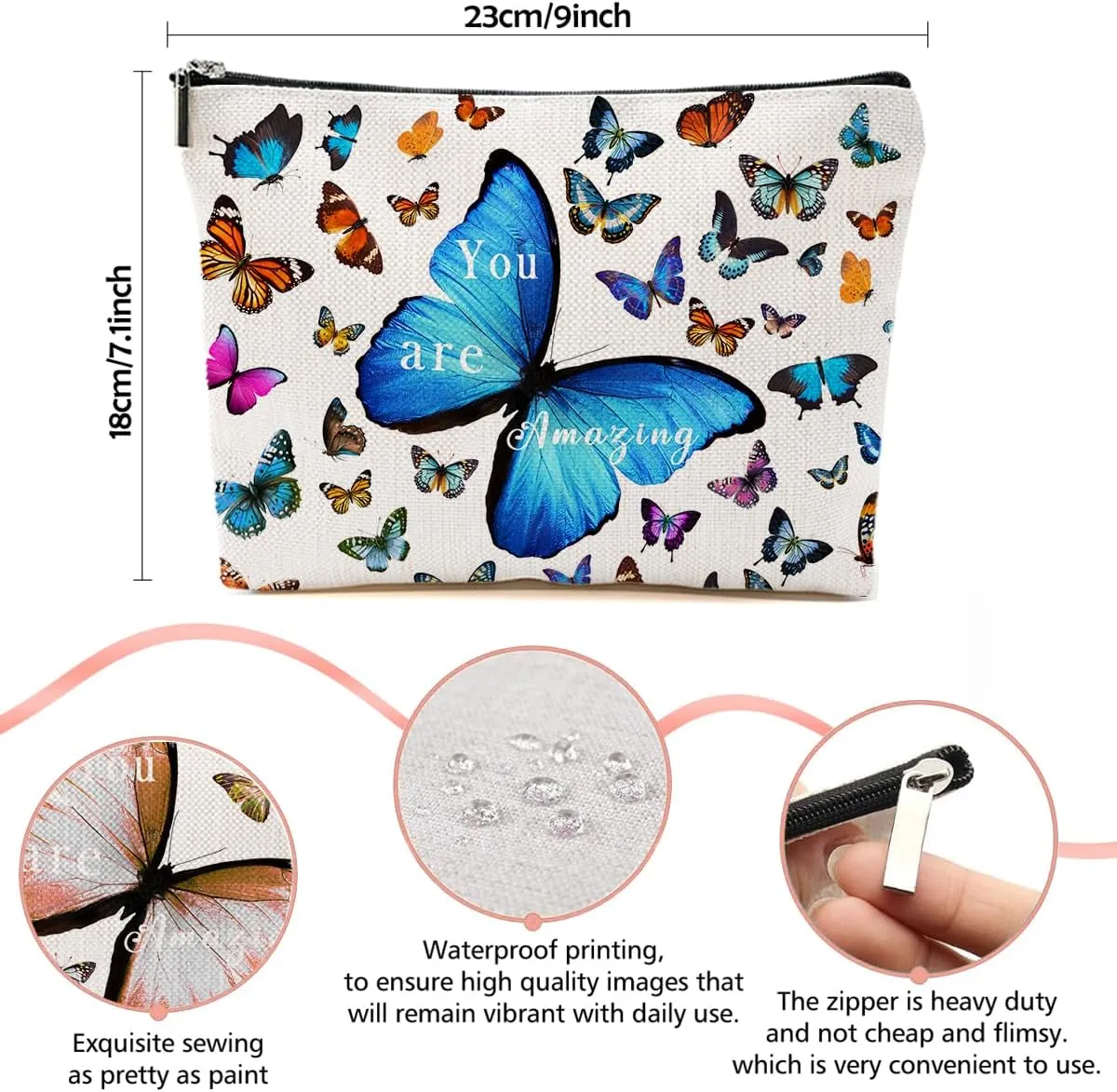 Butterfly Decor Makeup Bag - Inspirational Gift for Women - Cute Cosmetic Bag Travel Accessories Zipper Organizer