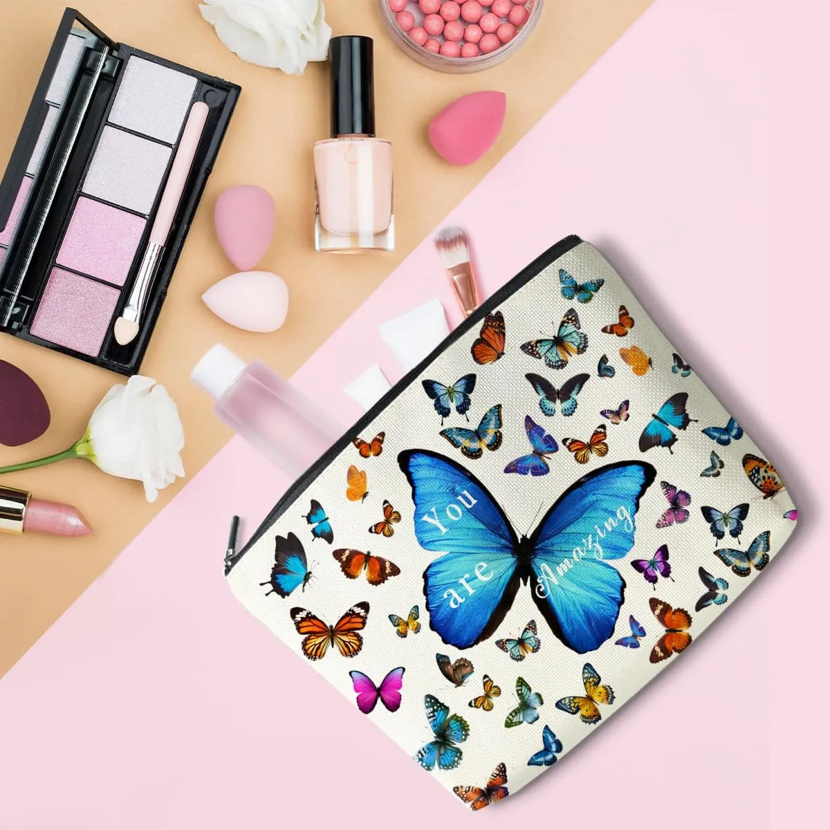Butterfly Decor Makeup Bag - Inspirational Gift for Women - Cute Cosmetic Bag Travel Accessories Zipper Organizer