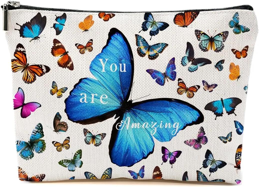 Butterfly Decor Makeup Bag - Inspirational Gift for Women - Cute Cosmetic Bag Travel Accessories Zipper Organizer