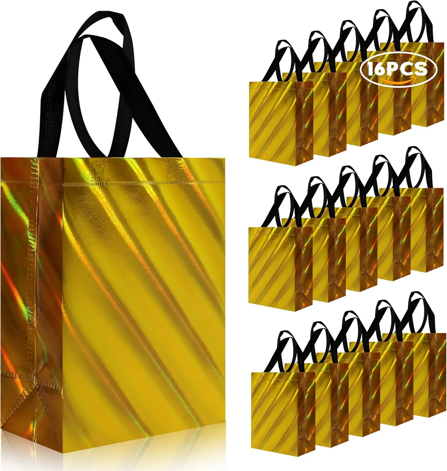 cabzymx 16 Pcs Small Holiday Gift Bags Bulk, with Twill Laser, Unique Yellow Reusable Goodie Bags for Birthday, Wedding, Valentines, Parties, Easter- 8x3.9x9.8 In