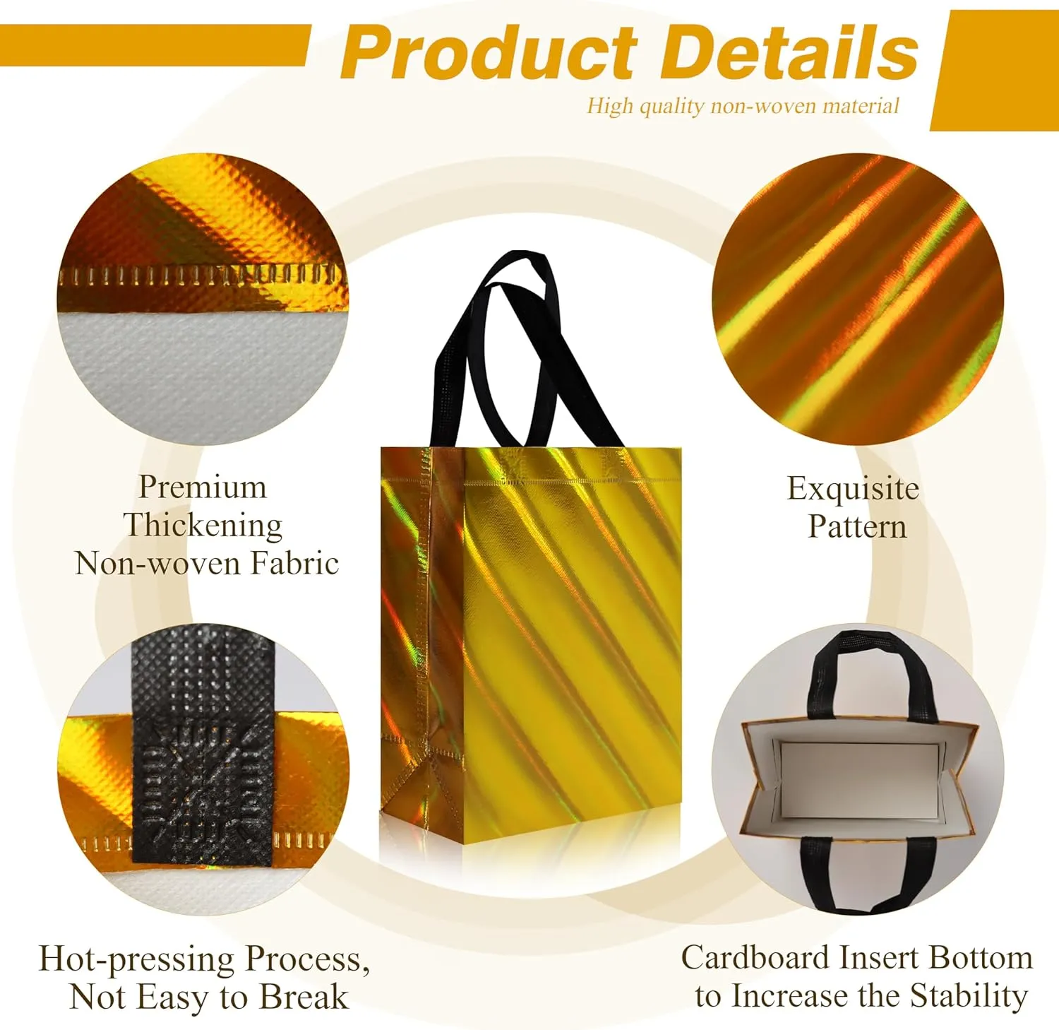cabzymx 16 Pcs Small Holiday Gift Bags Bulk, with Twill Laser, Unique Yellow Reusable Goodie Bags for Birthday, Wedding, Valentines, Parties, Easter- 8x3.9x9.8 In