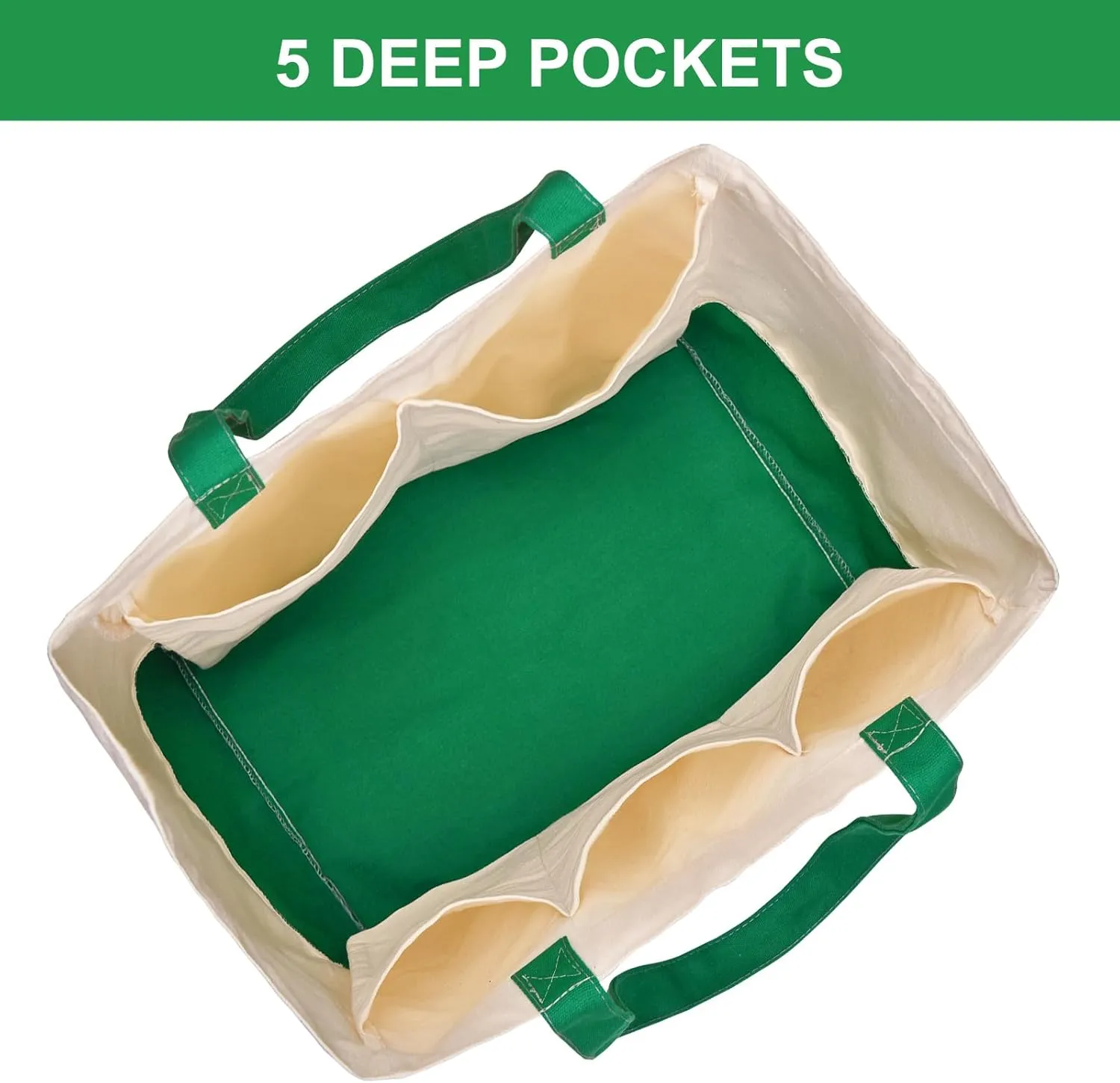 Canvas Reusable Grocery Bags Heavy Duty, 8.3 gal Foldable Large Canvas Tote Bag with Handles, Holds 60 lbs Canvas Shopping Bags & Washable Eco-friendly Bags with 5 Pockets, Green Off-White 1 Bags