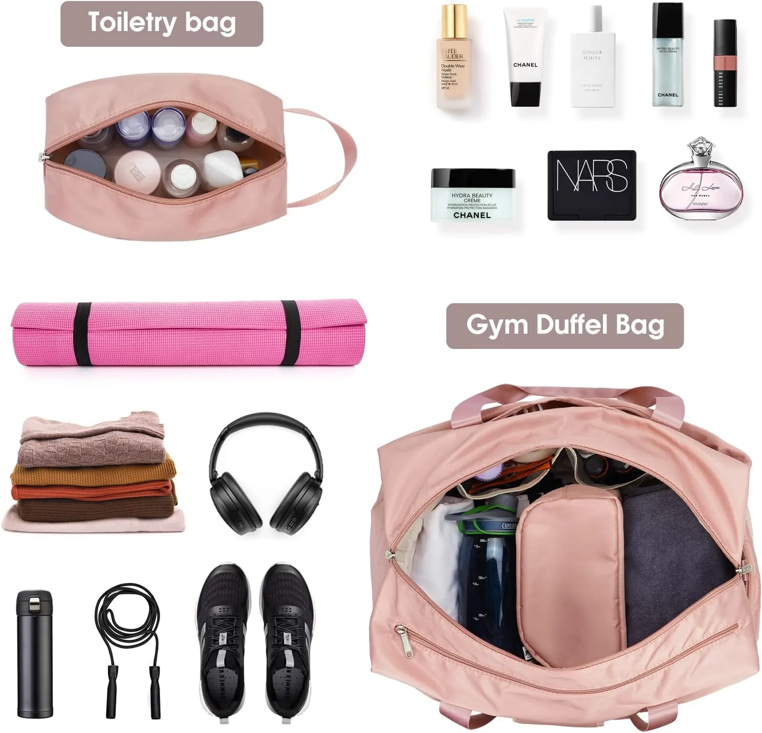 Ceneda 20" Gym Duffel Bag with Wet Pocket Shoes Compartment Portable Overnight Weekender Bag Travel bag Yoga Bag for Women (Light pink)